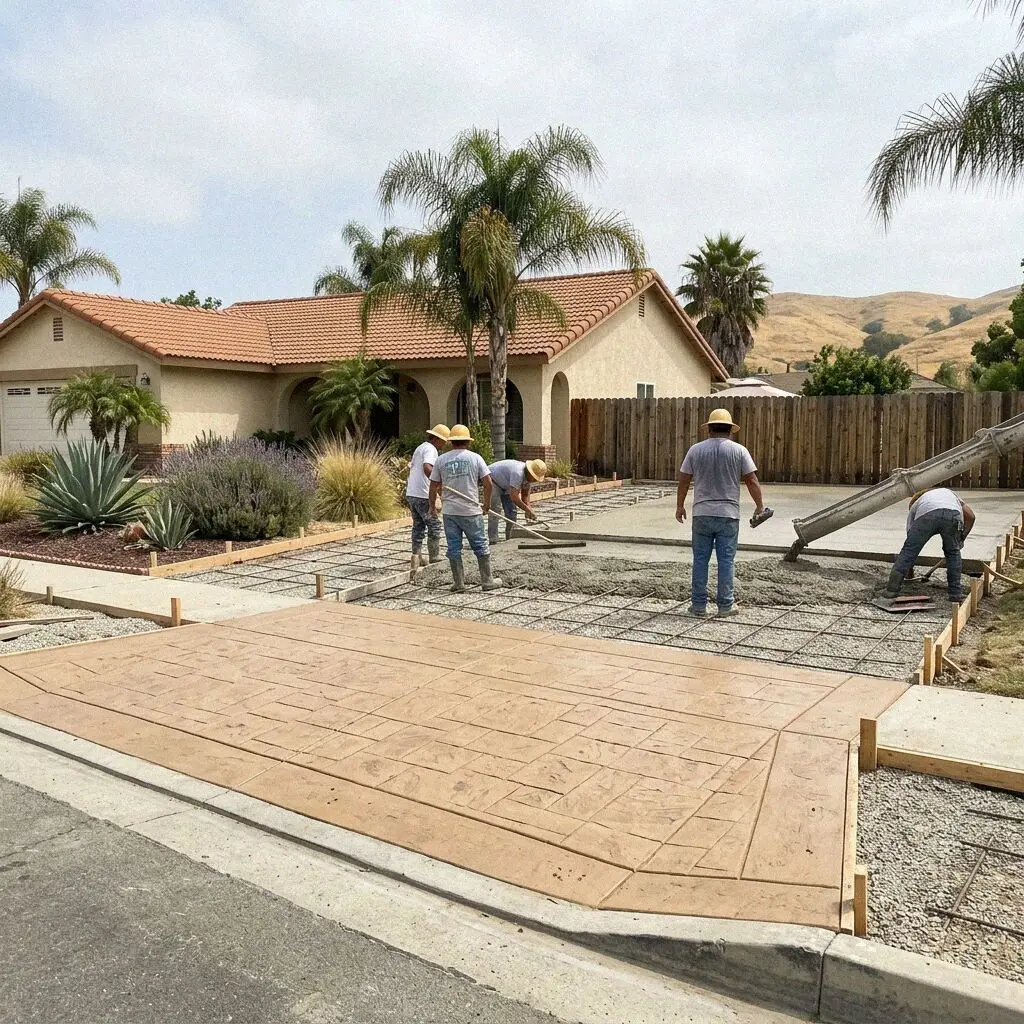 Concrete crew finishing a new driveway at a home in Anaheim