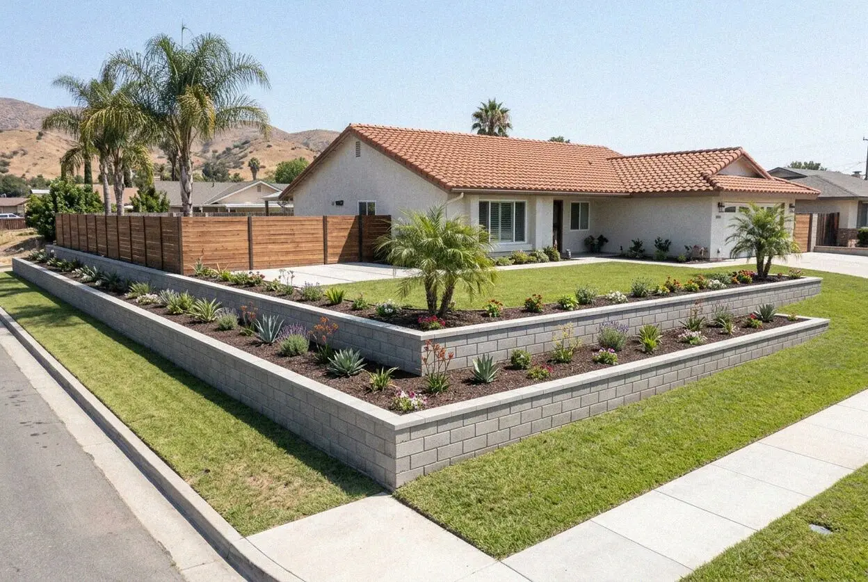 Concrete retaining wall standing against a cut slope in Anaheim