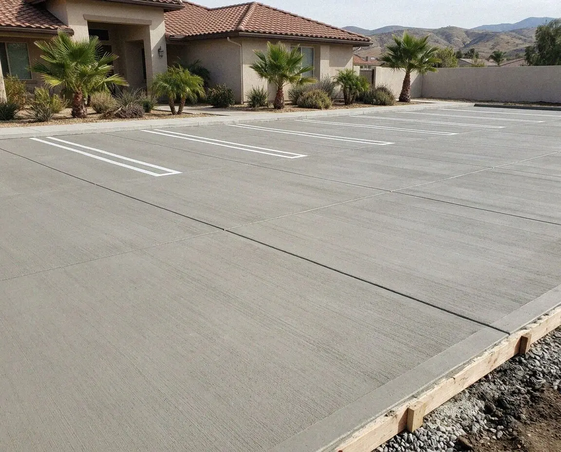 Newly poured concrete parking lot with fresh stripes at an Anaheim shop