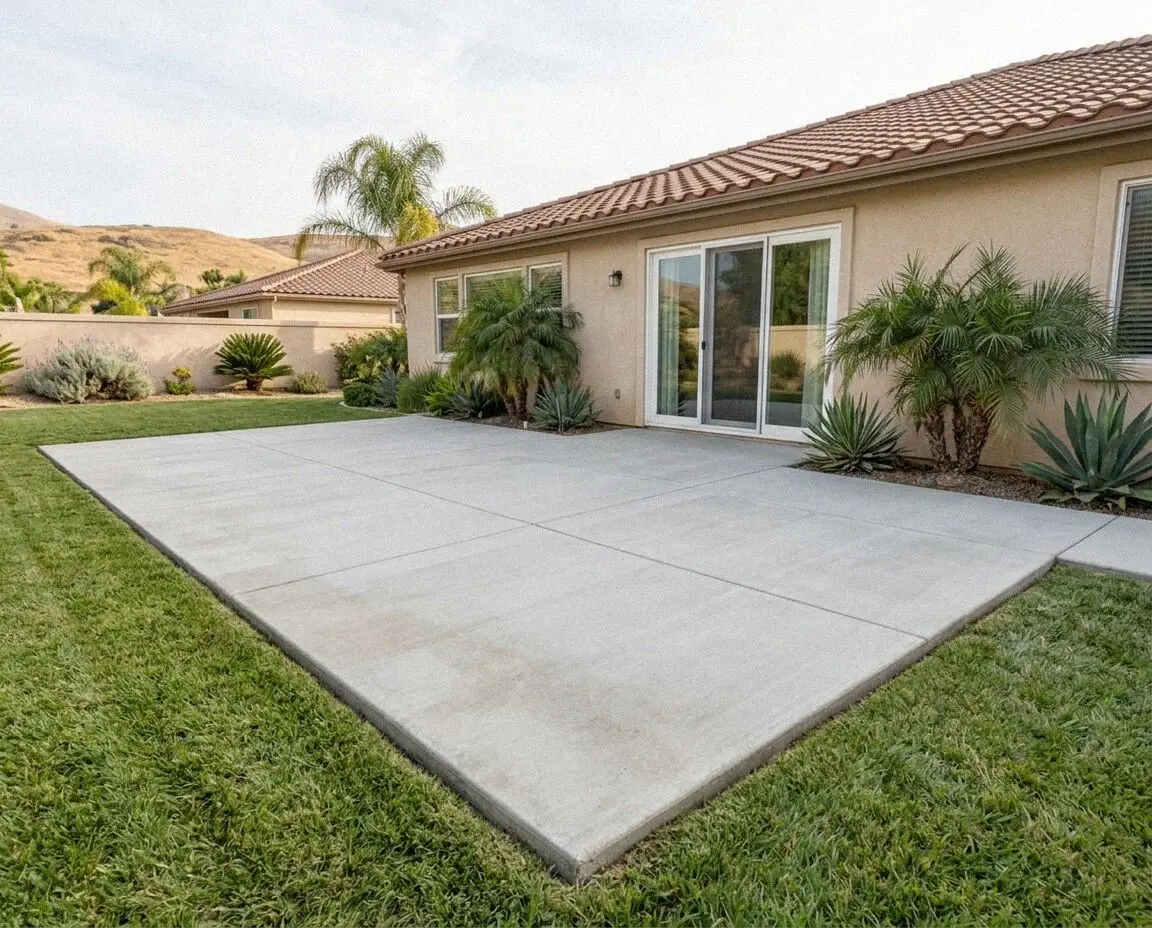 New broom-finished concrete patio slab in an Anaheim, CA back garden