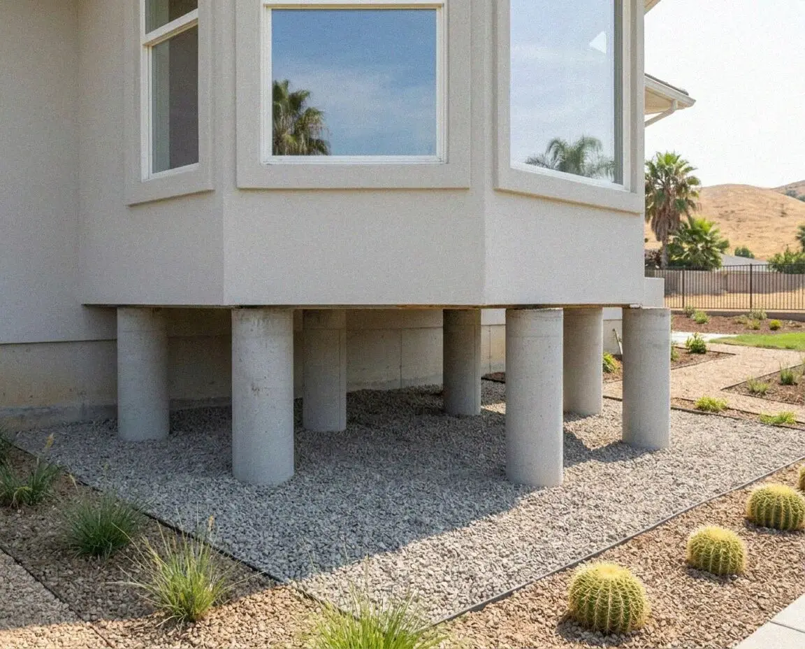 House corner lifted on a row of steel piers at an Anaheim, CA home