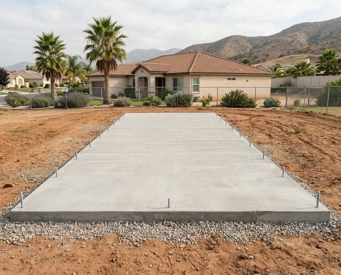 Finished slab foundation with anchor bolts standing on an Anaheim lot