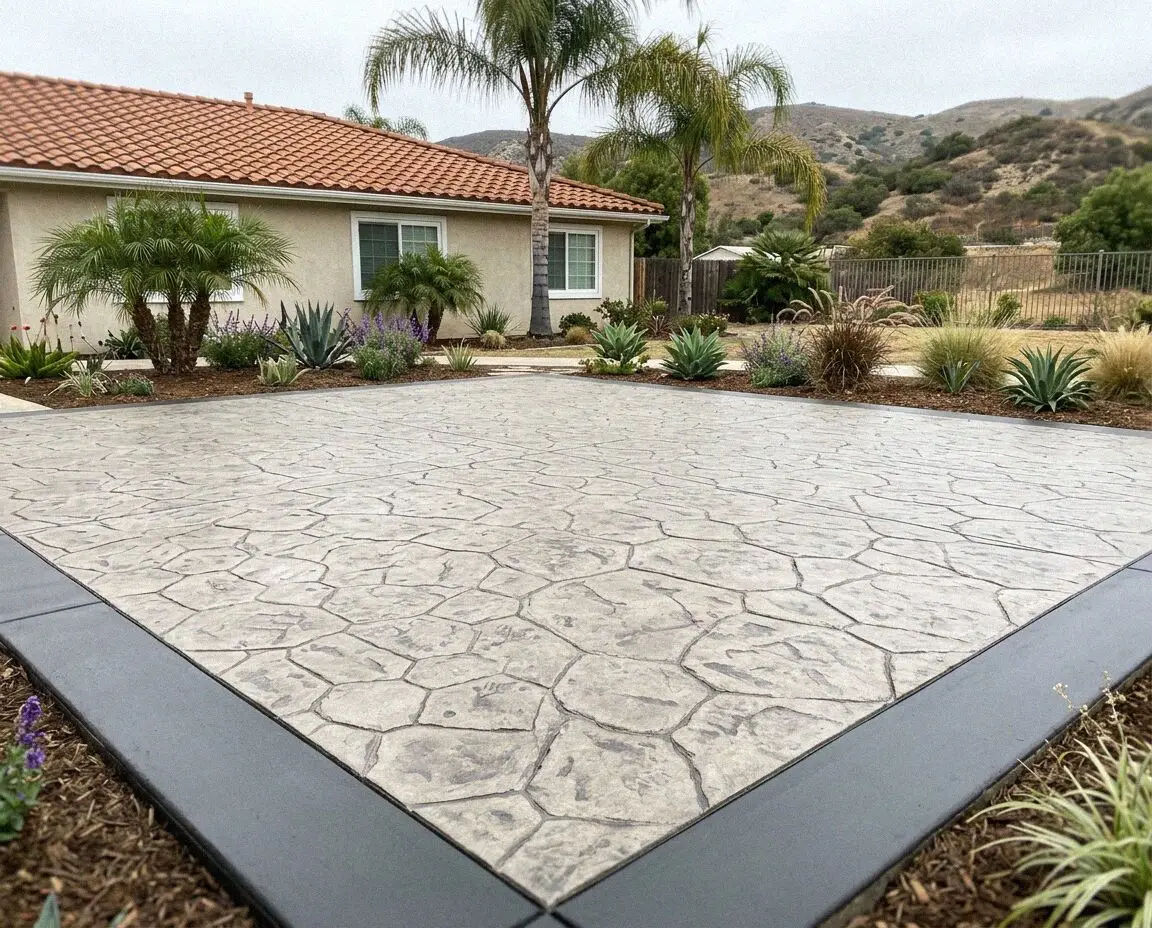 Stamped ashlar slate patio with a charcoal border at an Anaheim home